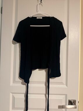 Babaton Black Short-Sleeve Open Cardigan with Front Ties wrap around